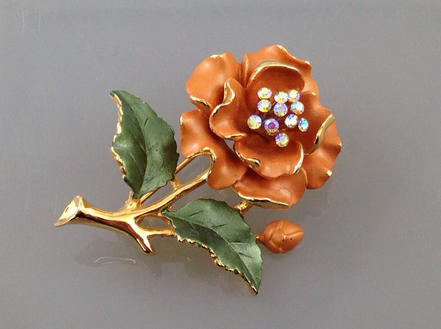 Vintage Rhinestone BroochVintage Orange rose flower brooch