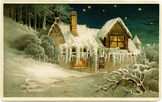 Vintage Snow Covered Country Cottage Winter Scene No. 2 Clip