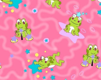 EOB Clearance, 24" Fabric, Starry Frogs, Frog Fabric, Pink Fabric, Green Frogs, Star Fabric, 01023A