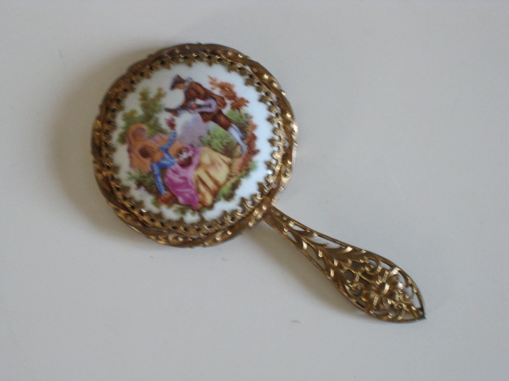 French hand mirror with Limoges porcelain romantic by Histoires