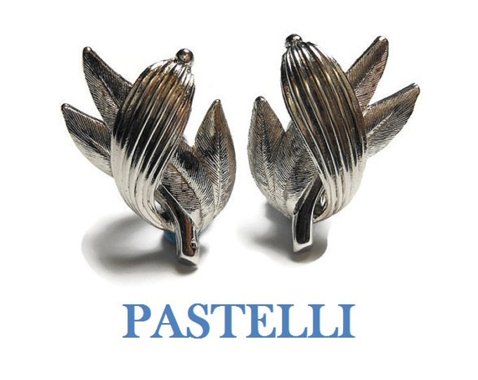 FREE SHIPPING Pastelli clip earrings, signed Pastelli, silver leaves clip earrings, Pastelli was a line for Royal of Pittsburgh