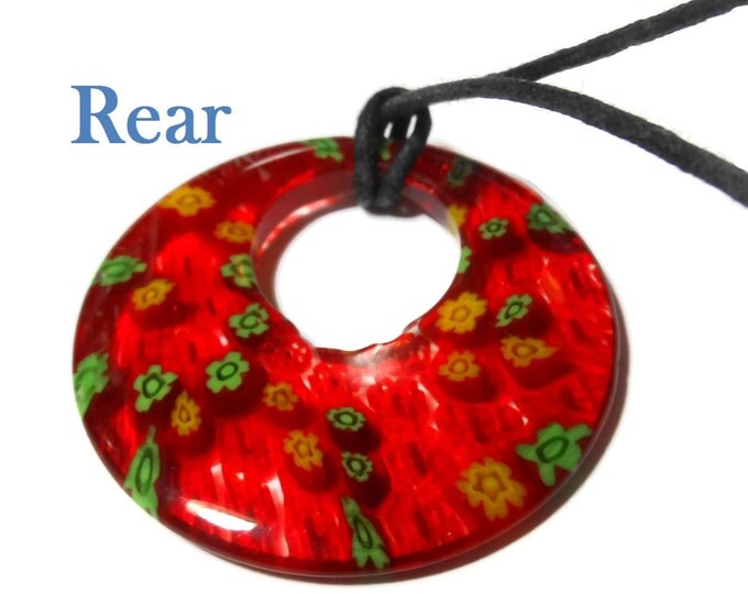 FREE SHIPPING Millefiori glass pendant, 40mm round red, yellow and green flowers, round go-go on black cord, silver plated findings