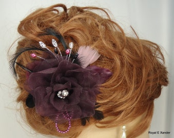 Bridal Fascinator, Aubergine Eggplant Rose, Floral Hair Clip, Bridal Accessory, REX15-357