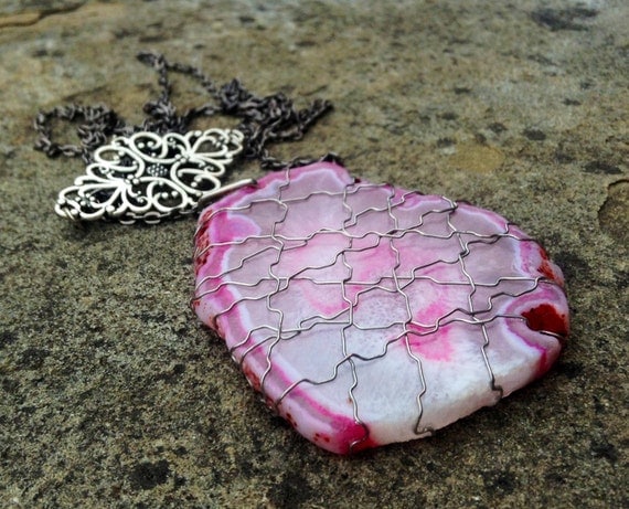 Pink Agate Silver Wire Wrapped Slice Necklace