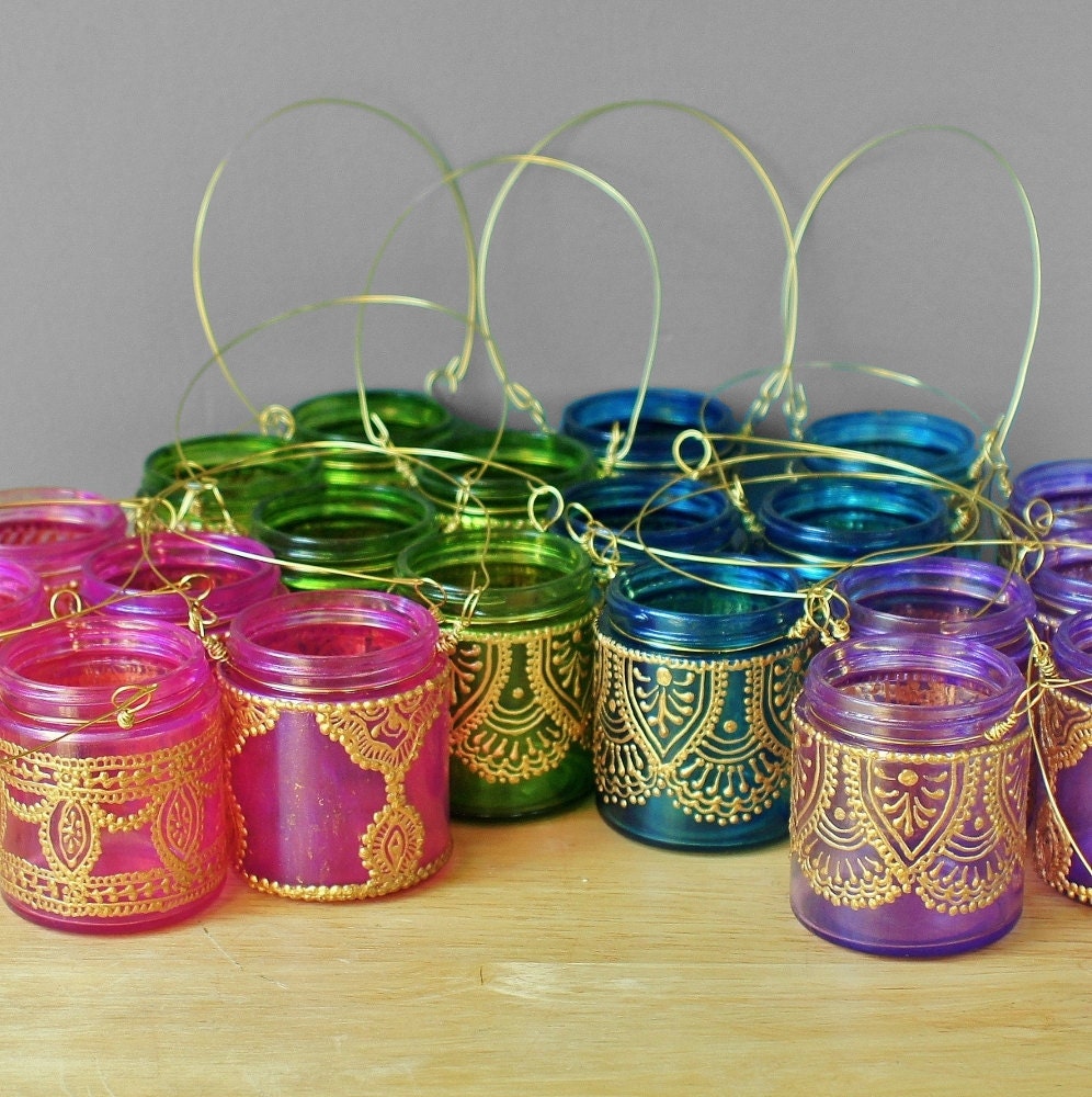 Gift Set of Four Moroccan Lantern Votive Holders In Fuschia