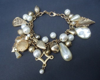 Dangling Gilt Leaf Faux Pearl Dangling Charm Bracelet c 1980s