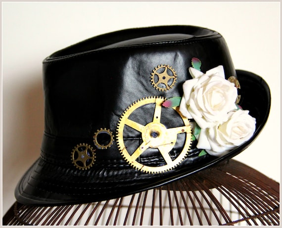 Black vegan leather hat by GypsyGreenstone by PiNeilCreations steampunk buy now online