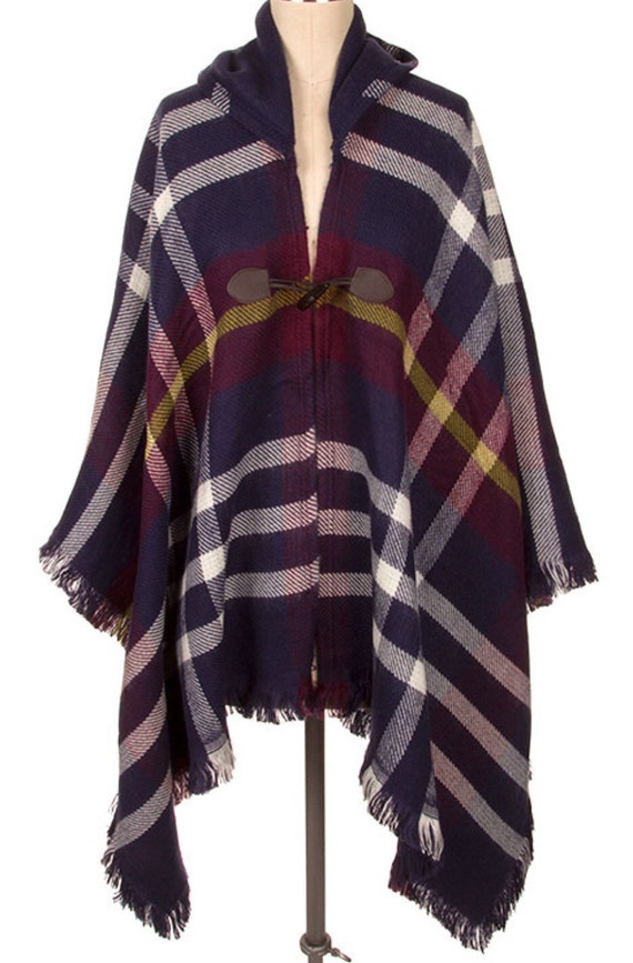 Plaid Poncho boho Hooded poncho Kimono Cardigan Woman