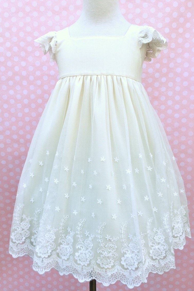 Flower Girl Ivory Linen and Lace Dress by LittleDaintyDarlings