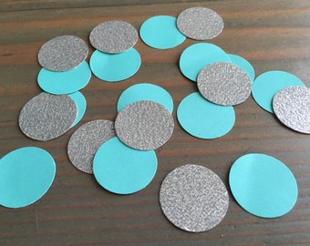100 silver glitter and teal circle paper punches, confetti, die cut, baby showers, parties