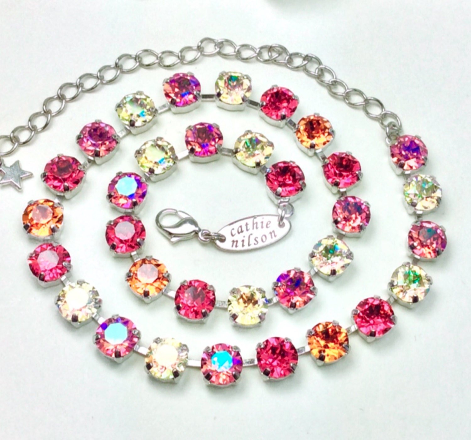 Swarovski Crystal 8.5mm Necklace  - Designer Inspired- "Tequila Sunrise"  Indian Pink,Jonquil AB, Rose Glacier Blue,Tangerine -FREE SHIPPING