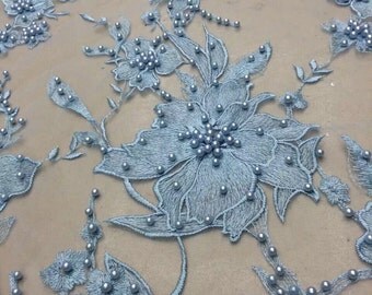 blue lace fabric, blue pearl bead lace fabric with retro floral, bridal lace fabric, 3D blue lace fabric with pearls, wedding lace fabric