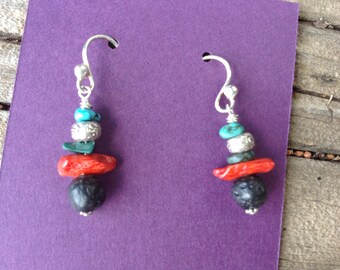 Red Coral Lava Turquoise Dangle Earrings,Hill Tribe Silver OM beads,Turquoise Chips,Malachite,Small Earrings,Rustic,Tribal,Southwestern
