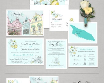 Destination wedding Aruba Oranjestad illustrated wedding invitation Aruban Caribbean floral wedding invitation Deposit Payment