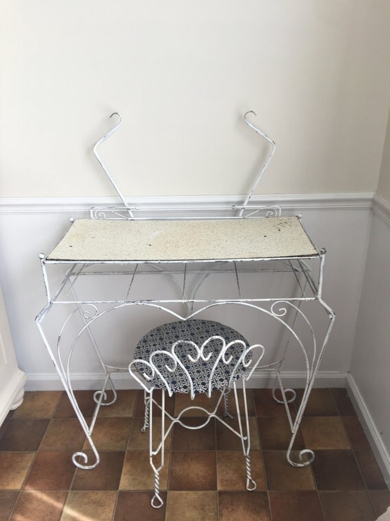 Items similar to Vintage white wrought iron vanity set with chair