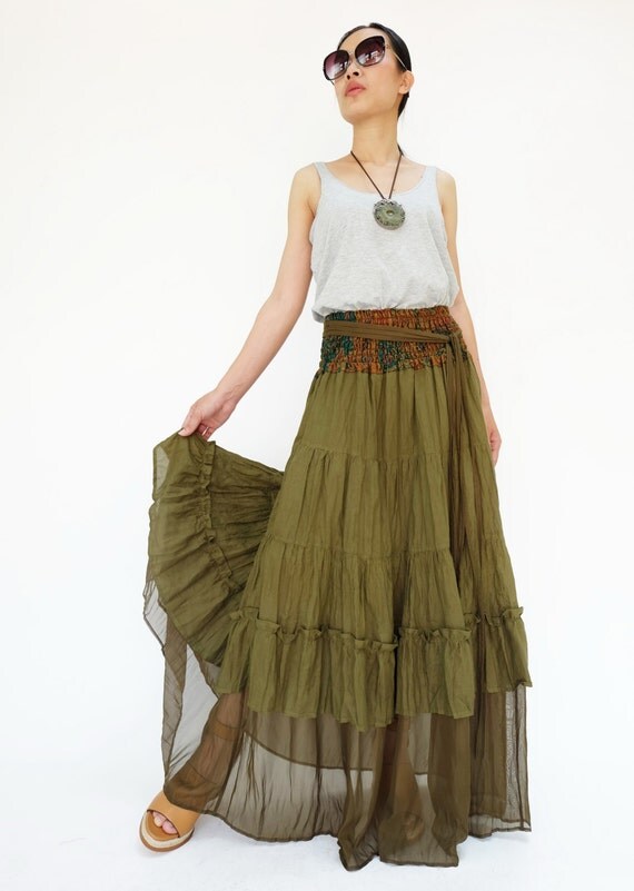 NO.36 Olive Teal Cotton Tiered Peasant Skirt Long by JoozieCotton