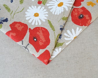 Lithuanian linen fabric with poppies and daisies // Meadows 19,68 x 59 inch