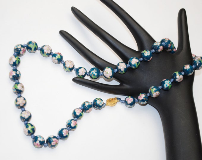 Cloisonne flower Bead Necklace - Aqua Turquoise Blue Green white gold Enameling - Hand knotted 12 mm Chinese beads - 23 inches