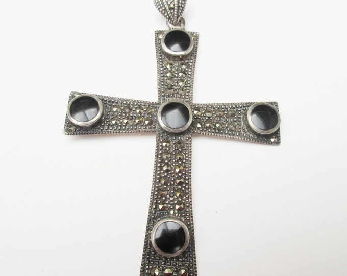 Sterling Cross Pendant - Marcasite - Black Onyx gemstone - Sterling silver Pendant