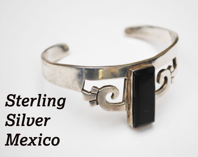 Sterling Silver Black Onyx Cuff Taxco Mexico Tribal Bracelet