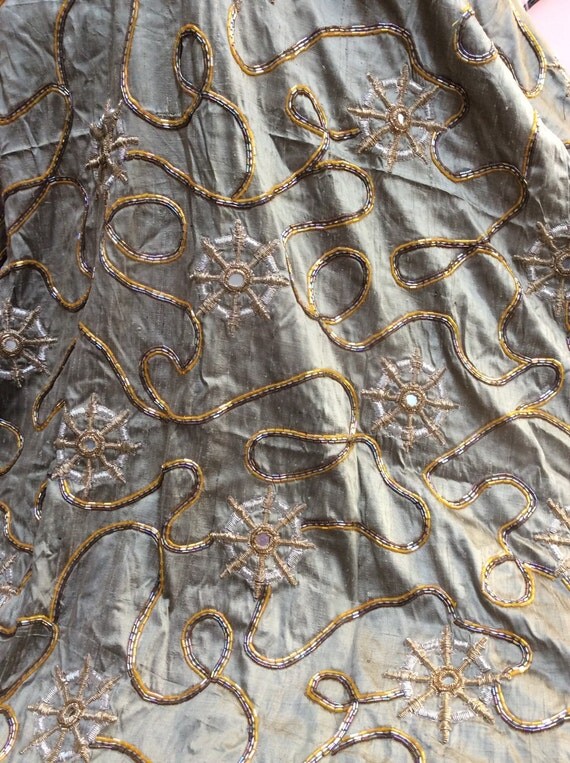 Beaded Fabric Beaded Silk Vintage Fabric Beaded Lace Khaki