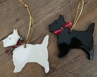 Scottie Dog Ornament, Scottish Terrier Dog Ornament, Wheaten Terrier Ornament, Wheaten Scottie Ornament, Handmade pottery Dog Ornament