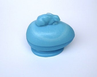 Portieux Vallerysthal PV France, Blue Opaline Pressed Glass Covered Animal Dish with a Rabbit/Un Lapin on top of Cover