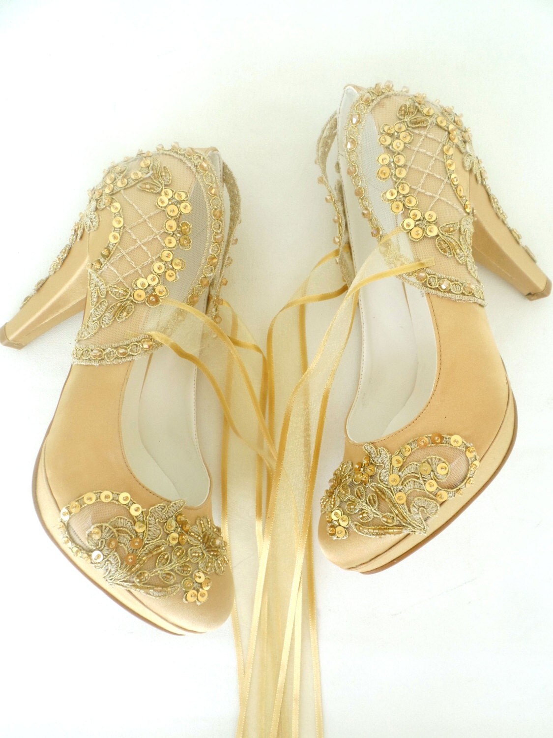 Wedding Shoes Gold Embroidered Lace Bridal Shoes