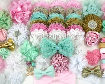 Gold, Pink, Aqua & White Headband DIY Kit - Headband Kit / Station - 30 Headbands Plus Hair Clips Hair Ties - 84 Pieces Shabby Flowers