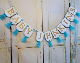 Custom Baby Shower Banner, Aqua, Turquoise and Gold Embossed Banner with Tulle,