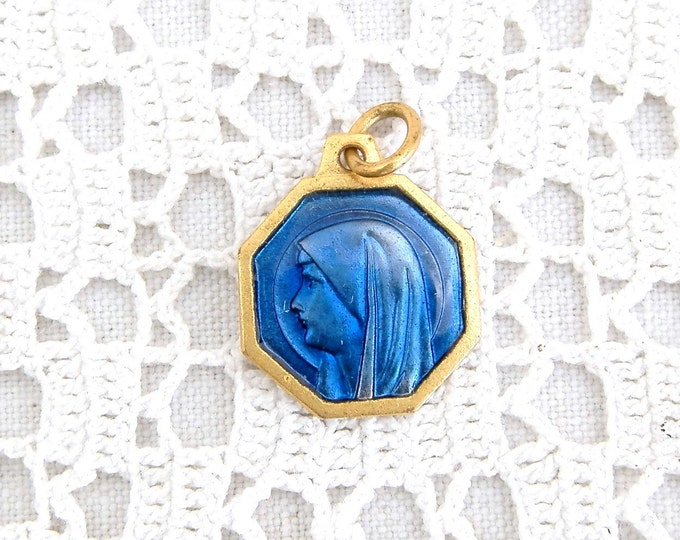 Small Vintage French Religious Gold Plated and Blue Glass Enamel Medal Virgin Mary / Charm / Religion / Christian / Catholic / Madonna