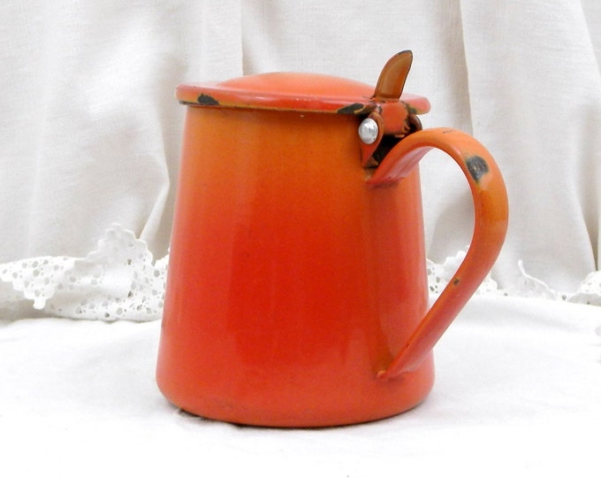 Vintage French Chippy Bright Orange Enamel Pitcher, French Country Decor Enamelware Milk Jug, Retro Kitchenware from France