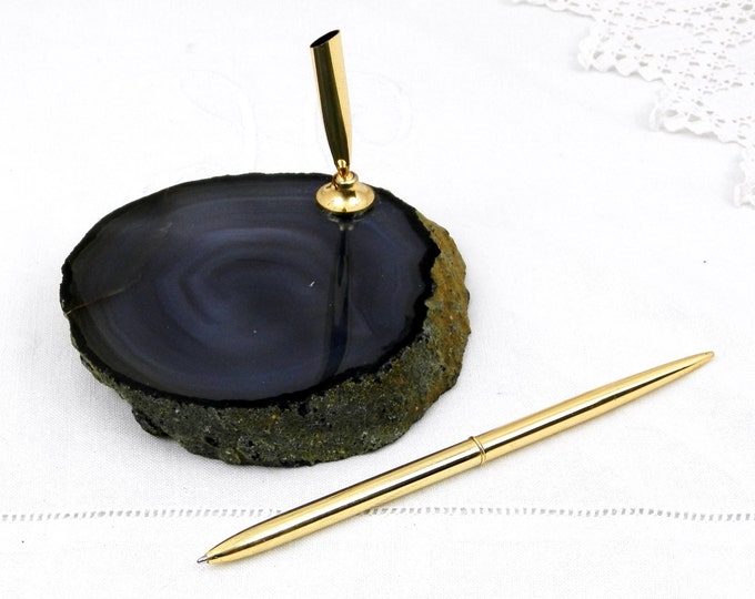 Vintage French Blue Veined Agate Onyx Nodule Stone Slab Pen Holder, Retro Mid Century Office Decor, Semi Precious Rock Desk Tidy,