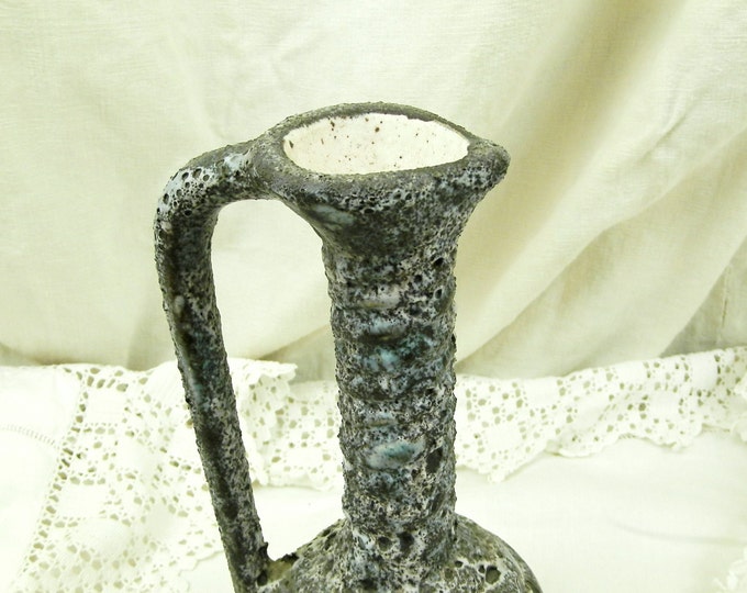 Vintage French Mid Century Black and White Lava Vase Jug, 1960s Vallauris Bubble Dark Glaze Ecume des Mers, 1950s Design Tall Necked Pot