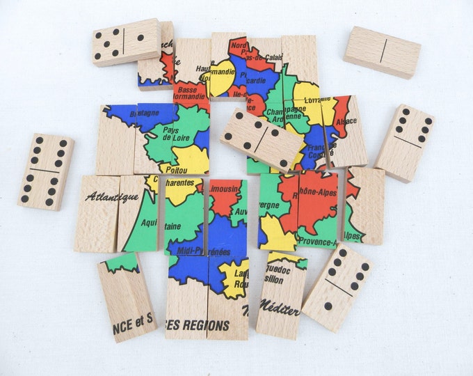Vintage French Wooden Boxed Set of Dominoes and Puzzle of France / Vintage Decor / French Games / Toys / Retro Home Interior / European Vintage French Wooden Boxed Set of Dominoes and Puzzle of France / Vintage Decor / French Games / Toys / Retro Home Interior / European