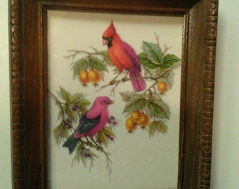 Vintage Cardinal Bird Print Lithograph Tramp Art Style Frame