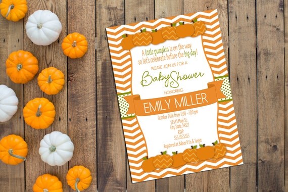 Little Pumpkin Baby Shower Invitation - Pumpkin Baby Shower - Orange and Green Chevron Stripe - Printable Il_570xn