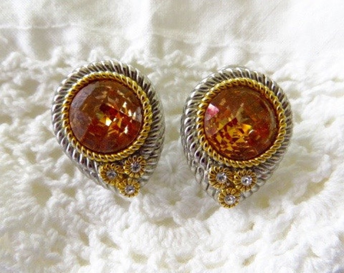 Amber Faceted Earrings, Silver Gold Pierced, French Clips, Designer Inspired, Classic Elegance