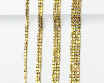 AB Clear Gold Tone Rhinestone Trim - Crystal Trim - Rhinestone Chain - 3mm Rhinestone Cup Chain - 1 row 2 row 3 row 4 row 5 Row 6 Row 1 yard