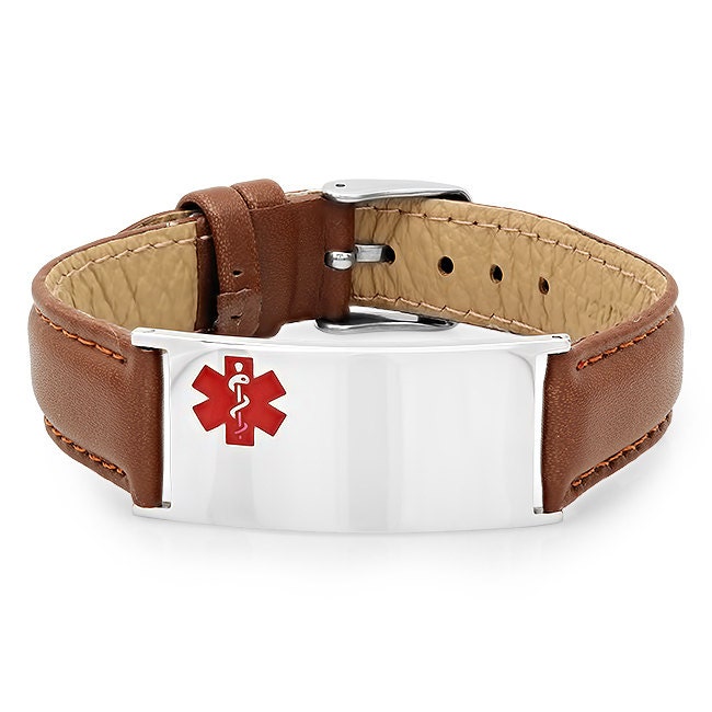 Medical ID Bracelet with Brown Leather & Stainless Steel