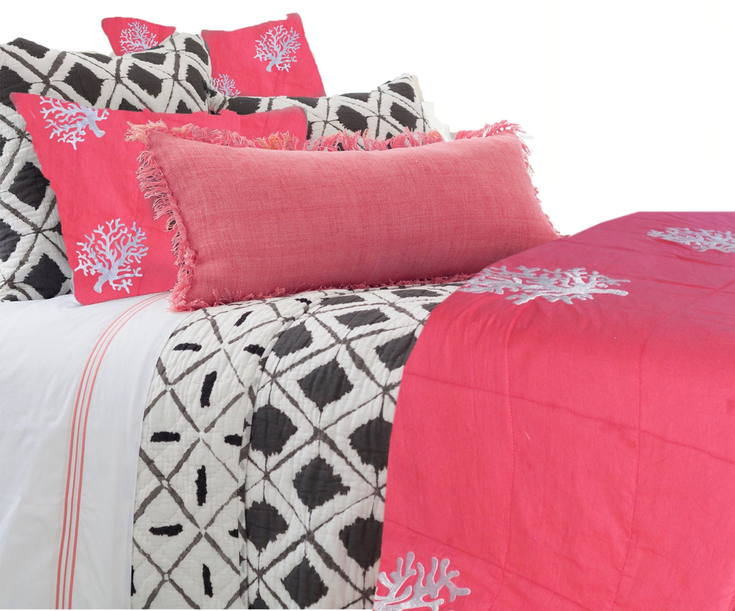 Throw Blanket Coral Embroidered on Cotton Throws Coastal