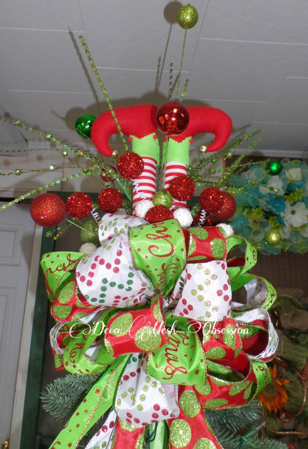 Elf Legs Christmas Tree Topper READY TO SHIP By DecoMeshObsession