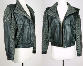 1980s black leather jacket, wool paneled bomber jacket, Winlit coat, Large