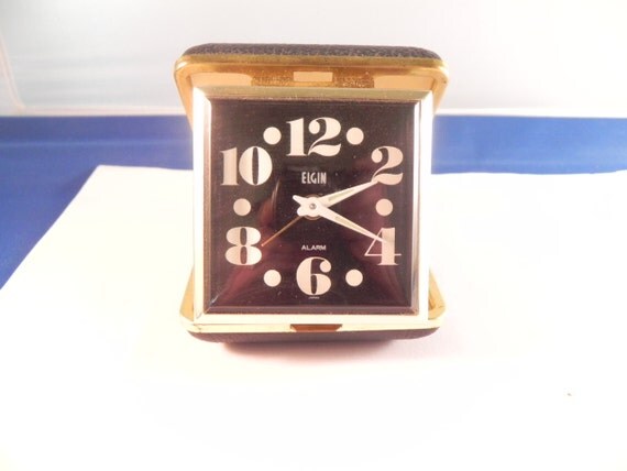 Vintage Elgin Travel Alarm Clock Folding Black Case Large