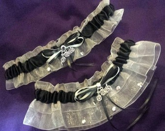Harley Davidson Inspired Biker Black & Silver Wedding Garter Belt Set ~ Any Color