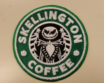 Skellington Coffee Spoof Embroidered Patch, Jack Skellington Patch, Skeleton Coffee Patch, Iron On Spoof Patch, Geeky Fanwear Patch