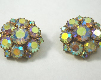 Vintage aurora borealis clip earrings, ca. 1960s
