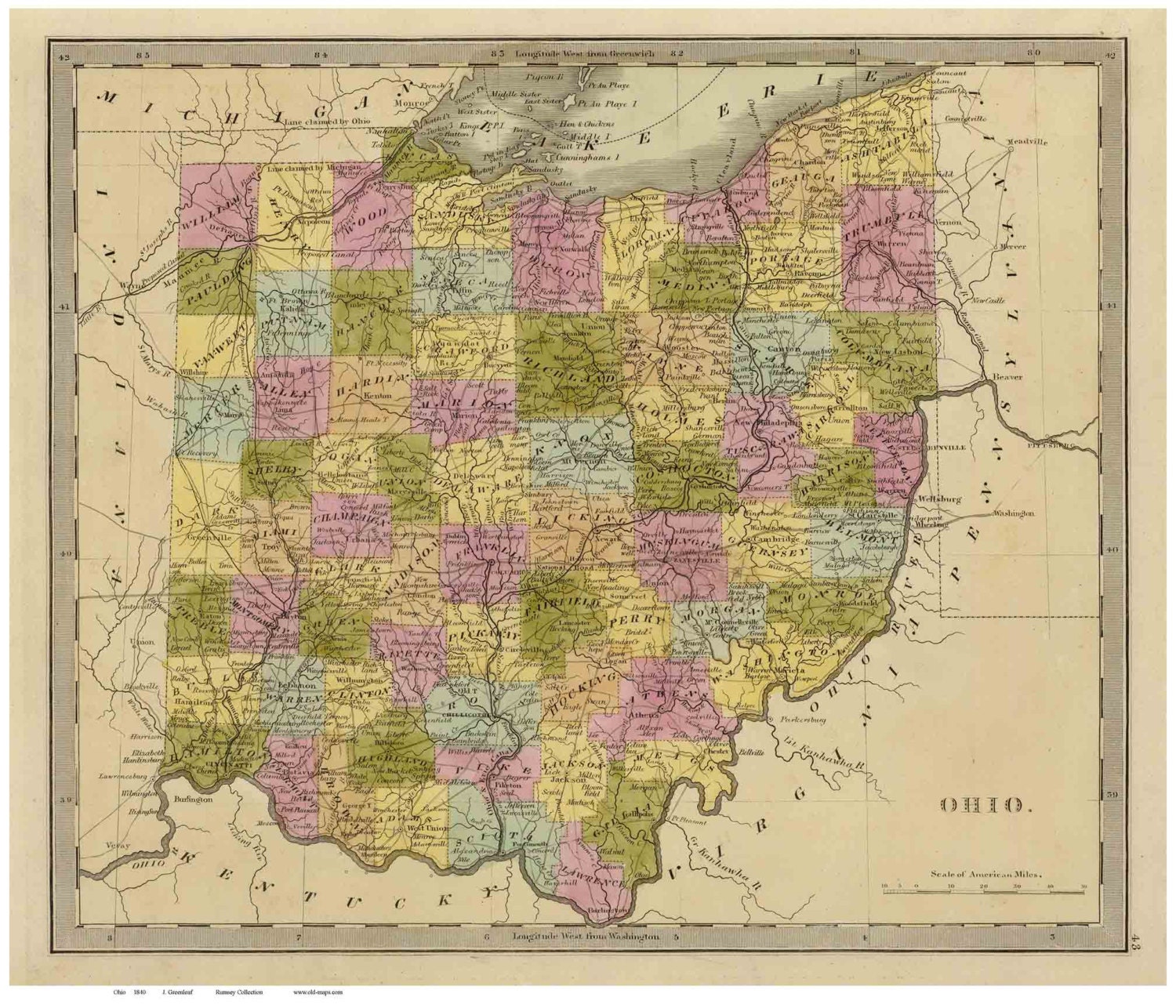 Ohio 1840 State Map by Greenleaf Reprint