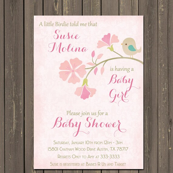 Bird Baby Shower Invitation, Feather the nest Baby Shower invitation, Pink Baby Bird Invite, Baby Girl Shower, printable or printed Il_570xn