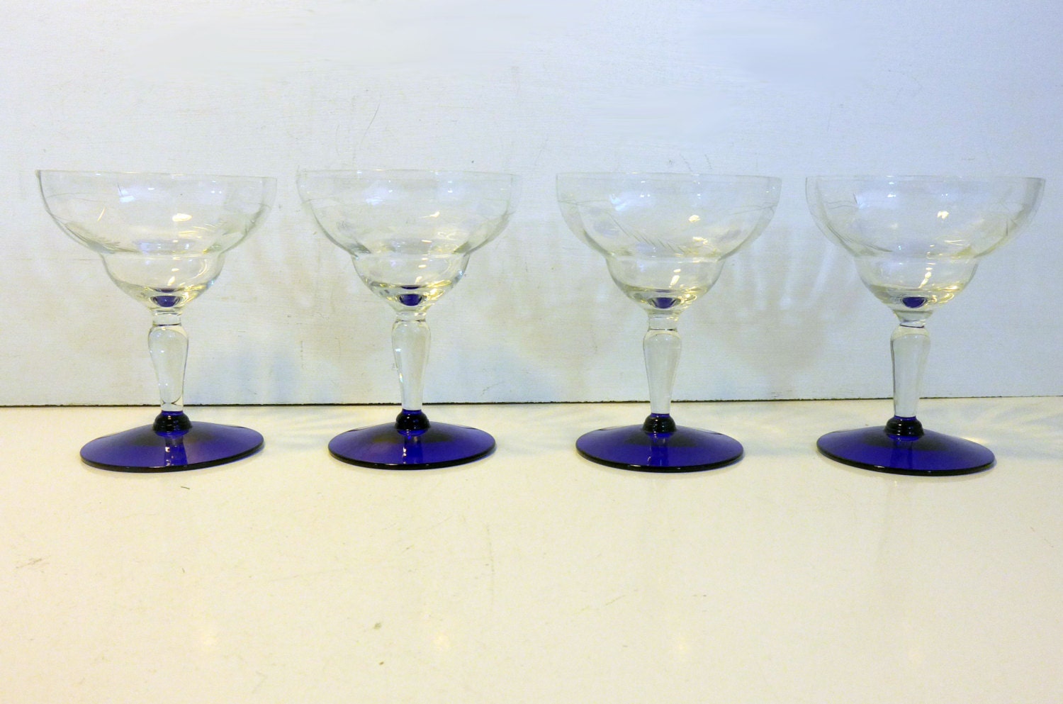Champagne Glasses 4 Weston Etched Clear Bowl & Stem w/ Wide Cobalt Blue Base Vintage Glasses